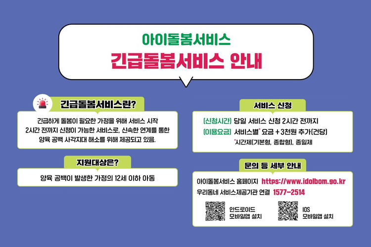 아이돌봄서비스 긴급돌봄서비스 안내 긴급돌봄서비스란? 긴급하게 돌봄이 필요한 가정을 위해 서비스 시작 2시간전까지 신청이 가능한 서비스로, 신속한 연계를 통한 양육 공백 사각지대 해소를 위해 제공되고 있음. 지원대상은? 양육공백이 발생한 가정의 12세 이하 아동 서비스 신청 [신청시간] 당일 서비스 신청 2시간 전까지 [이용요금] 서비스별 요금 + 3천원 추가[건당] 시간제(기본형, 종합형), 종일제 문의 등 세부 안내 아이돌봄서비스 홈페이지 https://www.idolbom.go.kr 우리동네 서비스제공기관 연결 1577-2514 안드로이드 모바일앱 설치 IOS 모바일앱 설치